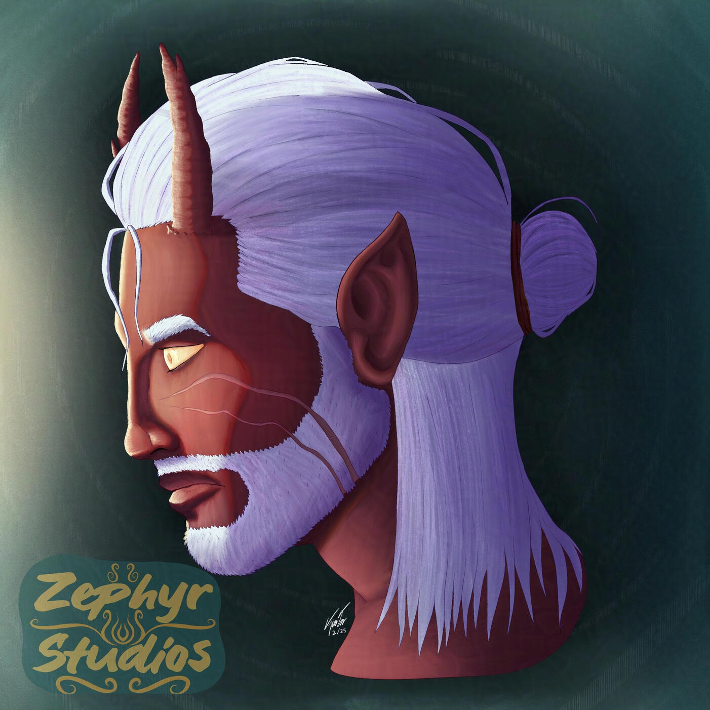 An portrait icon bust of a tiefling character named Enduring. His skin is red, he has stark white hair and a full beard. Two scars run up from his jawline to the upper cheekbone near his eyes which are a solid light yellow color. He has two rough, slightly