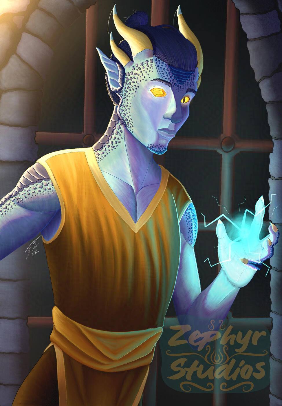 An illustration showing a blue draconic sorcerer character. He is seen wearing a yellow tunic with as he wields lightning magic. The background portrays a dungeon-like atmosphere with cobblestone walls and rusted iron bars as light shines from the upper le
