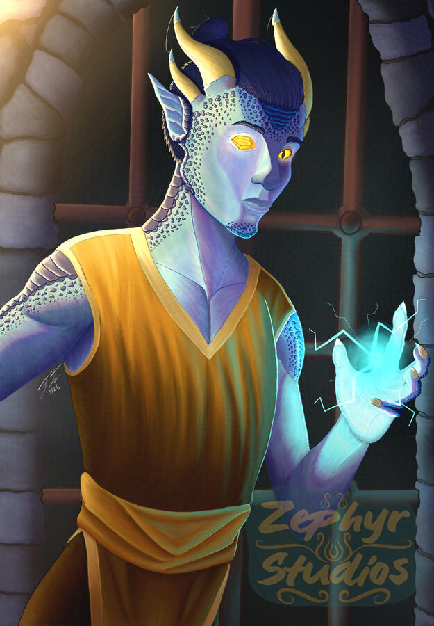 An illustration showing a blue draconic sorcerer character. He is seen wearing a yellow tunic with as he wields lightning magic. The background portrays a dungeon-like atmosphere with cobblestone walls and rusted iron bars as light shines from the upper le