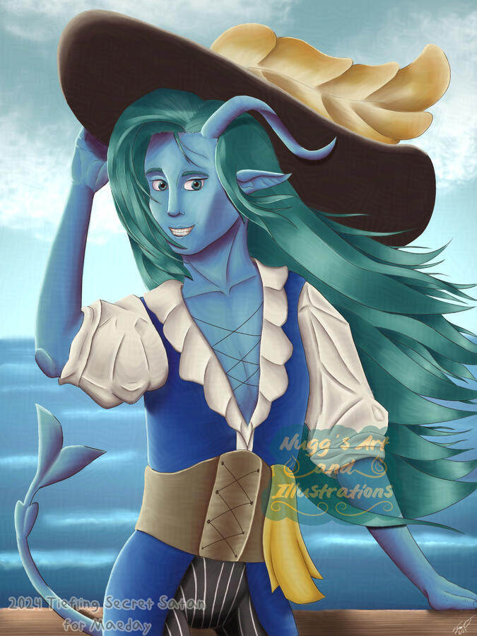 A light blue-skinned tiefling/water genasi is standing in front of the ocean as they support themselves with a horizontal wood beam with one hand while they hold their large feather topped hat with the other, their tail is pointed upwards and it is shaped