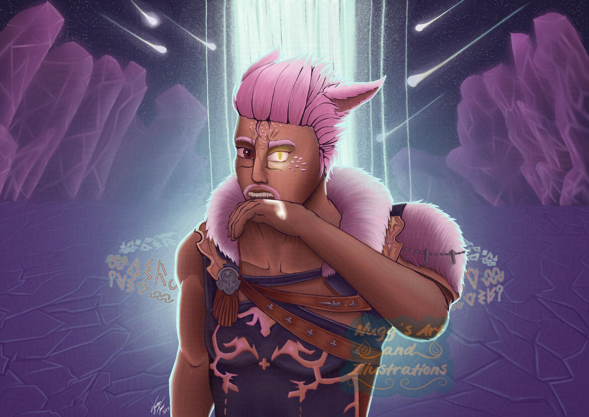 This is a scene redraw from FFXIV Shadowbringers with my Miqo'te (cat person) character Max Lilystone. He is standing in front a bright beam of light shooting up towards the sky while surrounded by purple crystals and shooting stars.