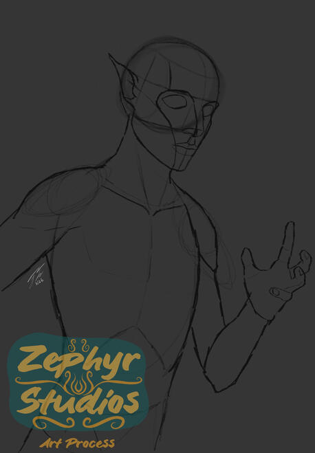 A blocky base sketch for an illustration showing a character with their hand up.