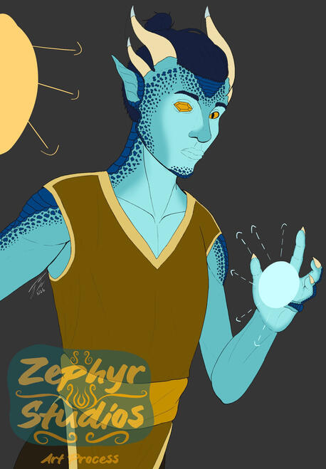Flat colors are added with two tone blue skin, dark blue scales on the back of the character, dark blue-ish hair, yellow cream undertone horns, and dark yellow tunic.