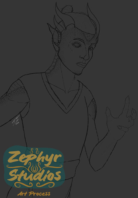 Sketch is refined with details such as facial features, clothes, and scales.