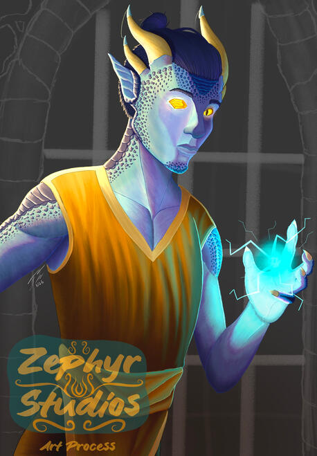 The background is sketched in depicting iron bars and a cobblestone wall.