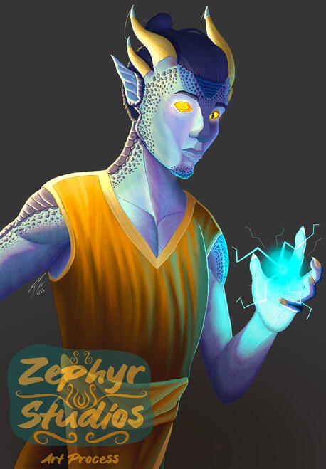 Eye glow is added, lightning magic orb in the hand, and more defined rim lighting that goes on top of the lineart itself.