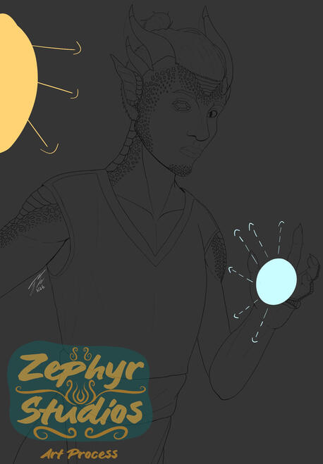 Black lineart is added along with light source guides with a large yellow ball in the upper left corner and a smaller blue ball in the hand of the character.