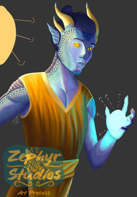 The character is rendered in a painterly style with lights, shadows, bounce light, and some rim lighting. Lineart is also colored to match the character.